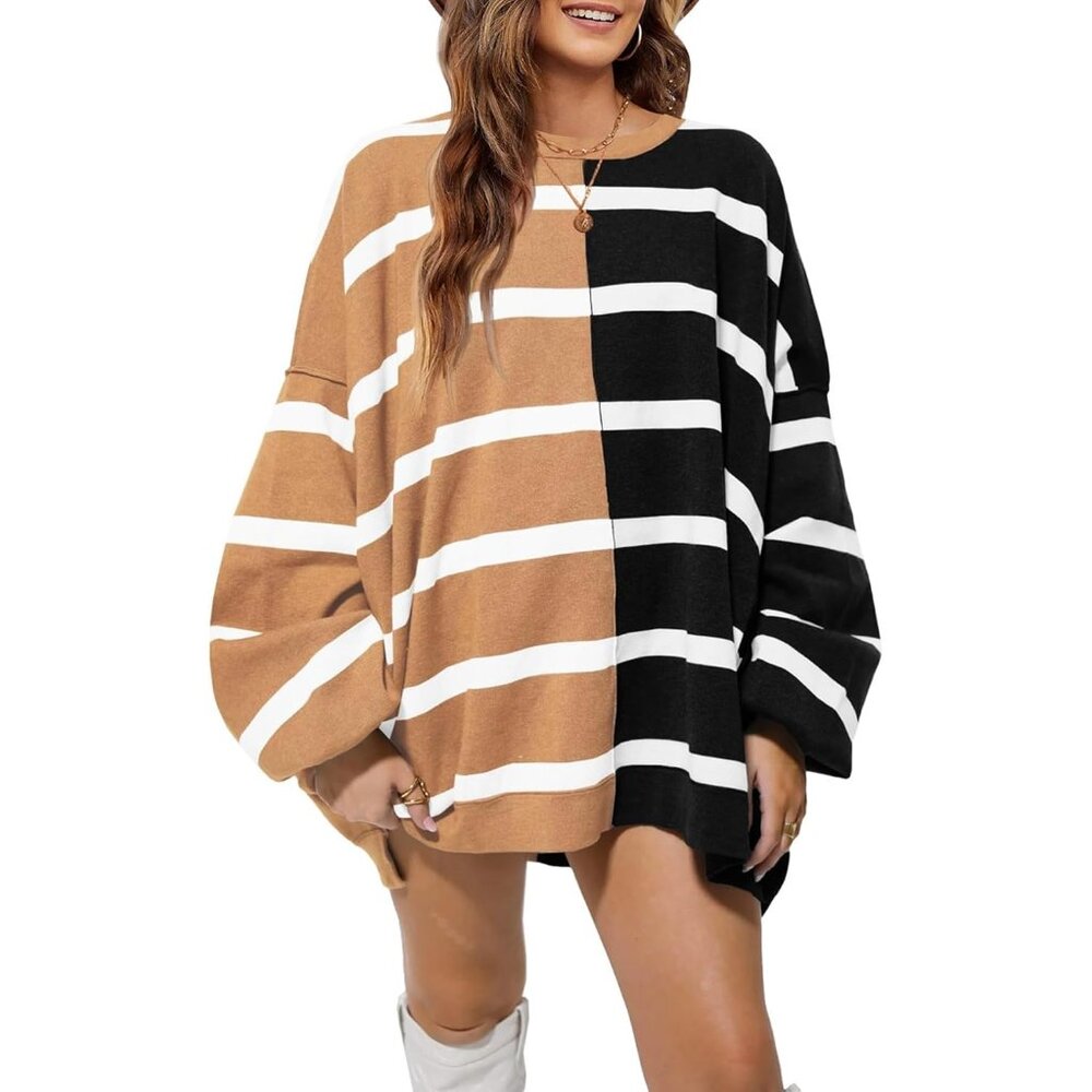 Striped Oversized Casual Loose Long Sleeve Crew Neck Cozy Sweaters for Women's